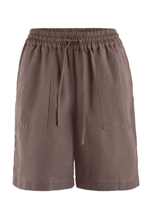 Braune Freizeit-Shorts mit elastischem Bund, Kordelzug und zwei aufgesetzten Fronttaschen.
