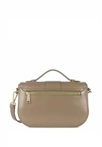 Borsa in pelle tan con forma strutturata, manico superiore, tracolla regolabile e tasca con zip dorata sul davanti.