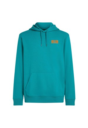 Felpa turchese con tasca a marsupio anteriore, cappuccio con coulisse e una piccola etichetta arancione sul petto. Tessuto morbido e polsini a costine.