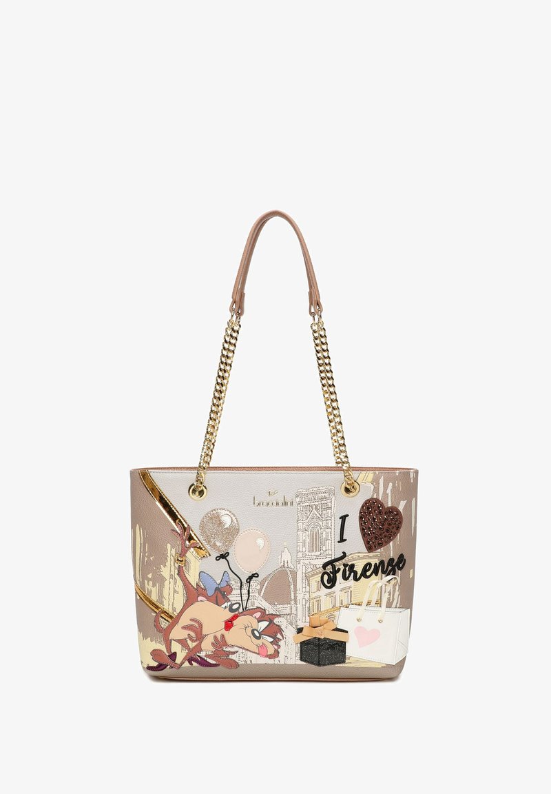 Borsa tote con esterno in similpelle beige, caratterizzata da grafiche colorate tra cui "I ❤️ Firenze", un cartone animato e decorazioni.