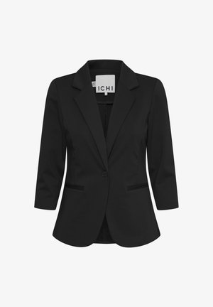 Zwarte damesblazer met enkelvoudige knoop, revers met inkeping, driekwart mouwen en twee voorste opgestikte zakken, met label "ICHI" in maat small.