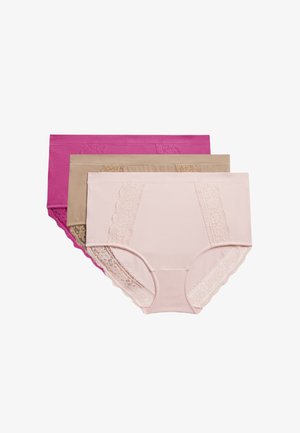 Conjunto de tres pares de ropa interior para mujer: rosa, beige y rosa oscuro. Cada uno tiene un borde de encaje en la cintura y las piernas, con un cuerpo de algodón suave.