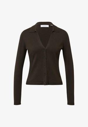 Brown knitted cardigan with a V-neck, button closure, and long sleeves. Features a collar and ribbed hem. Soft texture, fitted design.