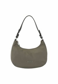 Bolso hobo en nylon verde oliva con forma curvada, cierre superior con cremallera y una correa de hombro desmontable de cuero negro; presenta un detalle de logo.