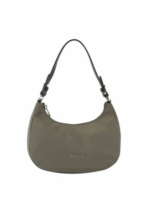 Hobo-Tasche aus olivgrünem Nylon mit einer geschwungenen Form, mit einem oberen Reißverschlussverschluss und einem abnehmbaren Schulterriemen aus schwarzem Leder; verfügt über ein Logodetail.