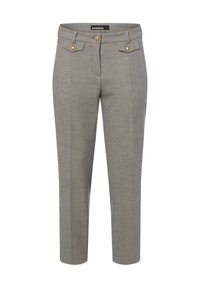 Grijze op maat gemaakte broek van textuurstof, met een vlakke voorkant, gouden knopen en twee voorzakken.