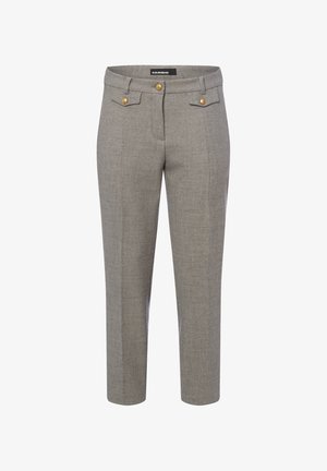 Grau maßgeschneiderte Hose aus strukturiertem Stoff mit flacher Vorderseite, goldfarbenen Knöpfen und zwei vorderen Taschen.