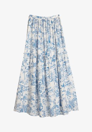 Maxiskjørt laget av lett materiale, med blå blomstermønstre og bladmønstre på hvit bakgrunn, med elastisk midje og lagdelt design.