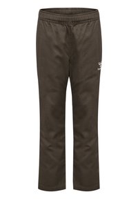 Bruine, lichte broek met een elastische tailleband. Bevat een klein logo aan de linkerkant. Rechte snit en een soepele textuur.