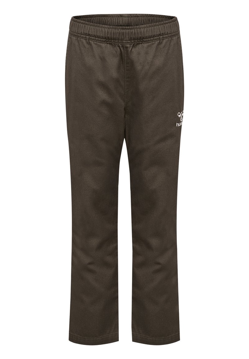 Bruine, lichte broek met een elastische tailleband. Bevat een klein logo aan de linkerkant. Rechte snit en een soepele textuur.