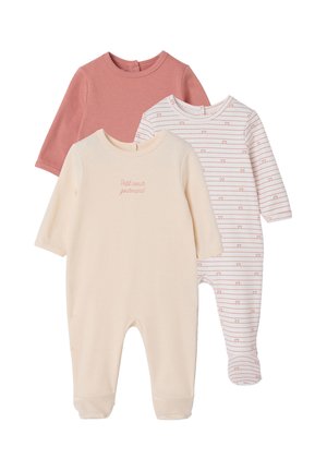 Drei langärmelige Baby-Strampler in Pink, Creme mit Text und Weiß mit rosa Herz- und Streifenmuster, auf weißem Hintergrund überlappend angeordnet.