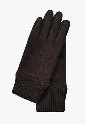 Black gloves made of textured fabric with ribbed knit cuffs, featuring five finger design and smooth interior.