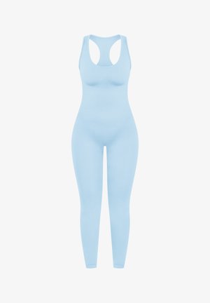 Lichtblauwe, aansluitende jumpsuit gemaakt van rekbare stof. Kenmerkt zich door een ronde halslijn en een racerback ontwerp. Geen zichtbare patronen of hardware.