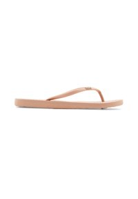 Flip-flop with a flat, textured sole and a narrow, braided tan strap. Lightweight design suitable for casual wear.
