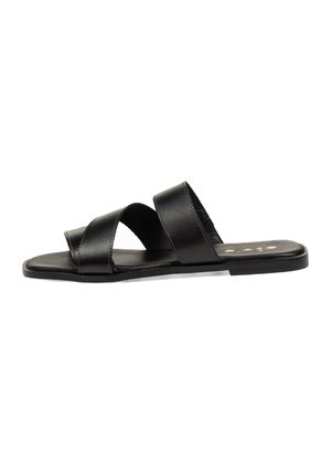 Chanclas negras con tres bandas cruzadas hechas de un material sintético suave, suela plana y detalles de costura sutiles.