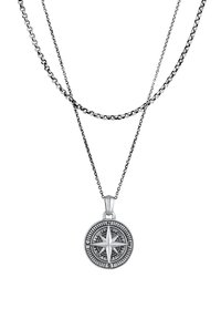 Anhänger-Halskette in Silberoptik mit rundem Kompassdesign, gravierten Details und zwei miteinander verbundenen Ketten unterschiedlicher Länge.