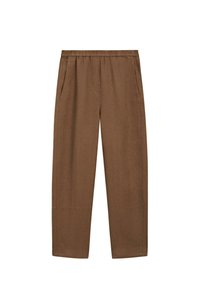 Pantalon marron à jambes droites avec taille élastique et poches latérales, fabriqué en tissu doux pour un usage décontracté.