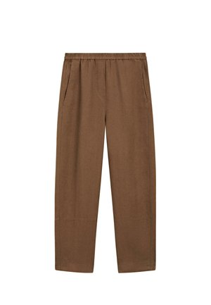 Pantalon marron à jambes droites avec taille élastique et poches latérales, fabriqué en tissu doux pour un usage décontracté.