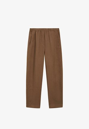 Braune gerade geschnittene Hosen mit elastischem Bund und seitlichen Taschen, aus weichem Stoff für legeren Tragekomfort.