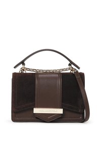 Bruine leren en suede handtas met een gestructureerd ontwerp. Voorzien van een gouden metalen plaat, een bovenhandvat en een verwijderbare schouderband.