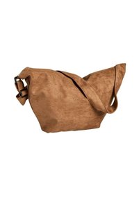 Borsa a spalla in finta suede marrone con un design morbido, cinturino largo e parte superiore curvata. Presenta una chiusura con zip e una texture morbida.