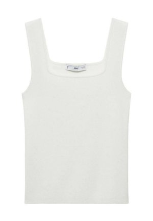 White, ribbed tank top with a square neckline and wide straps, made from a soft, stretchy fabric. Tag visible inside.