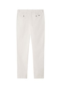 Pantalon en coton blanc à coupe droite, avec deux poches arrière et des boutons en métal. Texture lisse sans motifs visibles.