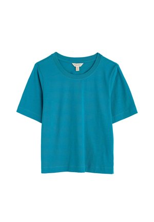 Korte mouwen t-shirt in levendig teal, gemaakt van zachte stof, met een klassieke ronde hals en een ontspannen pasvorm. Geen zichtbare patronen of accenten.