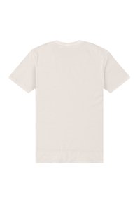 Jasno beżowa bawełniana koszulka z okrągłym dekoltem i krótkimi rękawami. Gładka struktura, brak widocznych wzorów lub nadruków z tyłu.