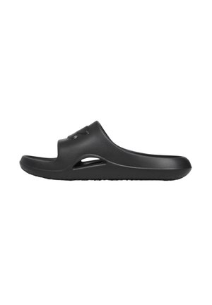 Schwarze Gummi-Slipper-Sandale mit offenem Zehenbereich und seitlichen Lüftungslöchern, entworfen für den Freizeit- oder Wassergebrauch.