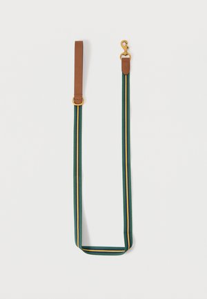 Laisse en tissu rayé vert et jaune avec poignée en cuir marron et fermoir en métal doré sur fond blanc.