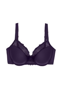 Violetti rintaliivit, joissa pehmustetut kupit, pitsiyksityiskohdat yläosassa, säädettävät olkaimet ja hakaskiinnitys. Sileä kangas, jossa kukkakuvioita.