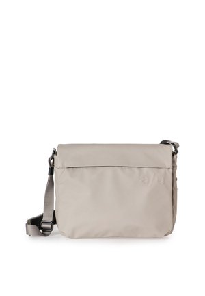 Borsa messenger rettangolare grigio chiaro con tracolla regolabile e logo in rilievo sobrio sul davanti.