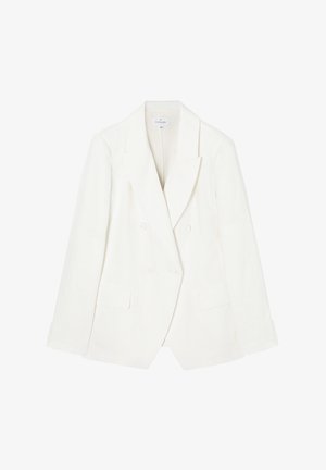 Double-breasted blazer in white linen with peak lapels, two front pockets, and buttoned cuffs. Smooth texture with subtle tailoring details.