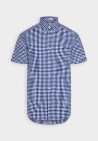 Camicia a maniche corte con bottoni in motivo gingham blu e bianco, caratterizzata da un orlo arrotondato e un piccolo logo sulla tasca sul petto.