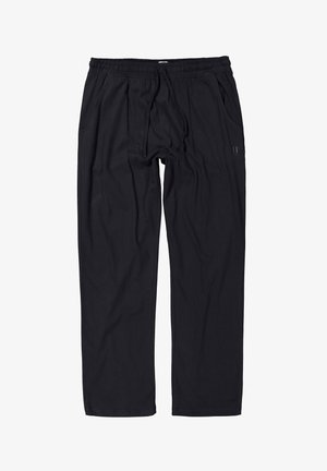 Black elastic waistband pants with a drawstring, two side pockets, made of soft fabric, featuring a simple design and straight-leg cut.