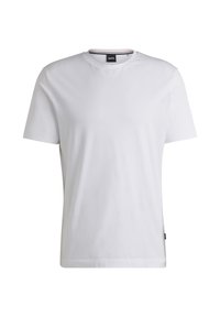 White short-sleeve T-shirt made of cotton. Features a crew neck and a subtle brand tag on the side. Smooth texture and simple design.