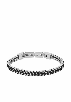 Silbernes Metall- und schwarzes gewebtes Armband mit rechteckiger Schließe und Kettenglied-Design.