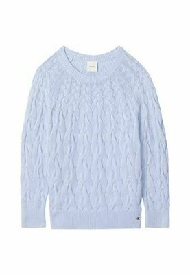Lichtblauwe kabelgebreide trui met een ronde hals, geribbelde manchetten en zoom. Heeft een gestructureerd patroon over de gehele stof.