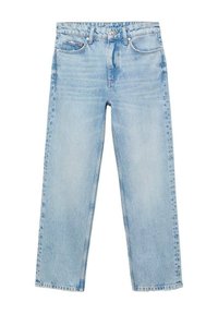 Jeans de denim azul claro con un diseño de pierna recta, cinco bolsillos, un solo botón de metal y costuras visibles que contornean los bolsillos.