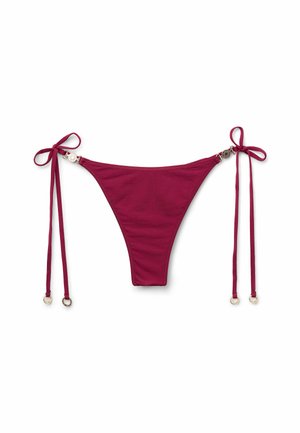 Maroon bikini bottom with adjustable ties, featuring round metallic accents at the hip, smooth texture, and minimal coverage design.