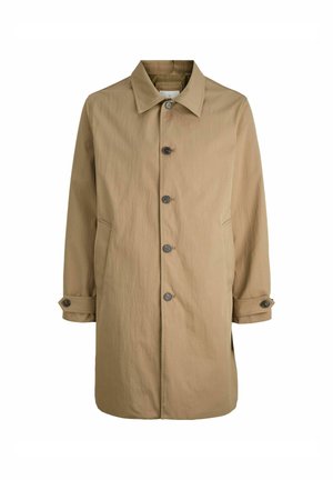 Khaki színű trench coat, gombos elülső résszel, oldalsó zsebekkel és klasszikus gallérral. Könnyű, texturált anyagból készült.