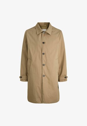 Abrigo trench color caqui, con cierre de botones en la parte delantera, bolsillos laterales y un collar clásico. Fabricado con un tejido ligero y texturizado.