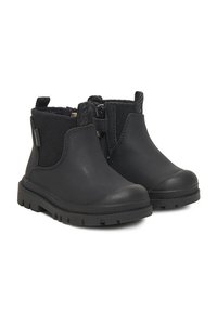 Stivaletti neri alla caviglia in pelle e tessuto. Caratteristiche includono punta tonda, lati elastici e suola in gomma testurizzata antiscivolo.