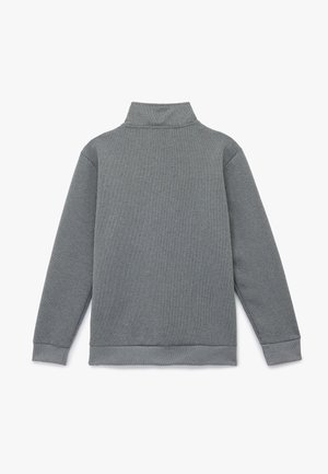 Gray ribbed turtleneck pullover with long sleeves, featuring a high collar and a solid texture. The hem and cuffs are finished with a smooth trim.