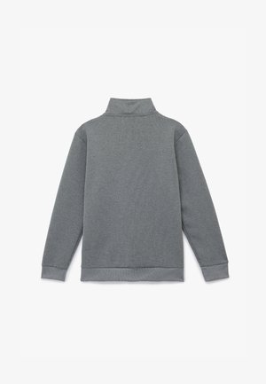 Gray ribbed turtleneck pullover with long sleeves, featuring a high collar and a solid texture. The hem and cuffs are finished with a smooth trim.