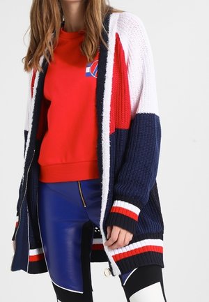 Cardigan a righe blu e bianche con texture in maglia, indossato sopra una felpa rossa. Abbinato a leggings blu lucidi con zip.