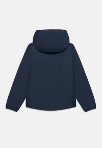 Navy blue padded jacket with hood, long sleeves, and elastic cuffs shown from the back on a white background.
