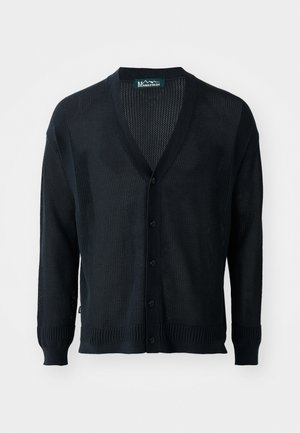 Black, lightweight knit cardigan featuring a mesh design, V-neck, ribbed cuffs, and button closure. No pockets or additional accents.