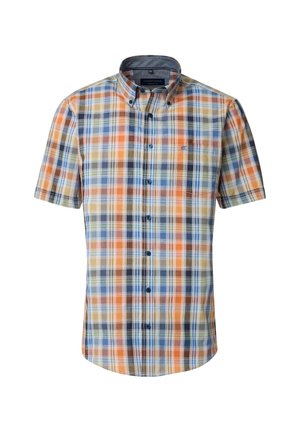 Kurzärmliges, knöpfbares Hemd im mehrfarbigen Karomuster mit orange, blauen und grünen Tönen. Verfügt über einen spitzen Kragen und eine Brusttasche.